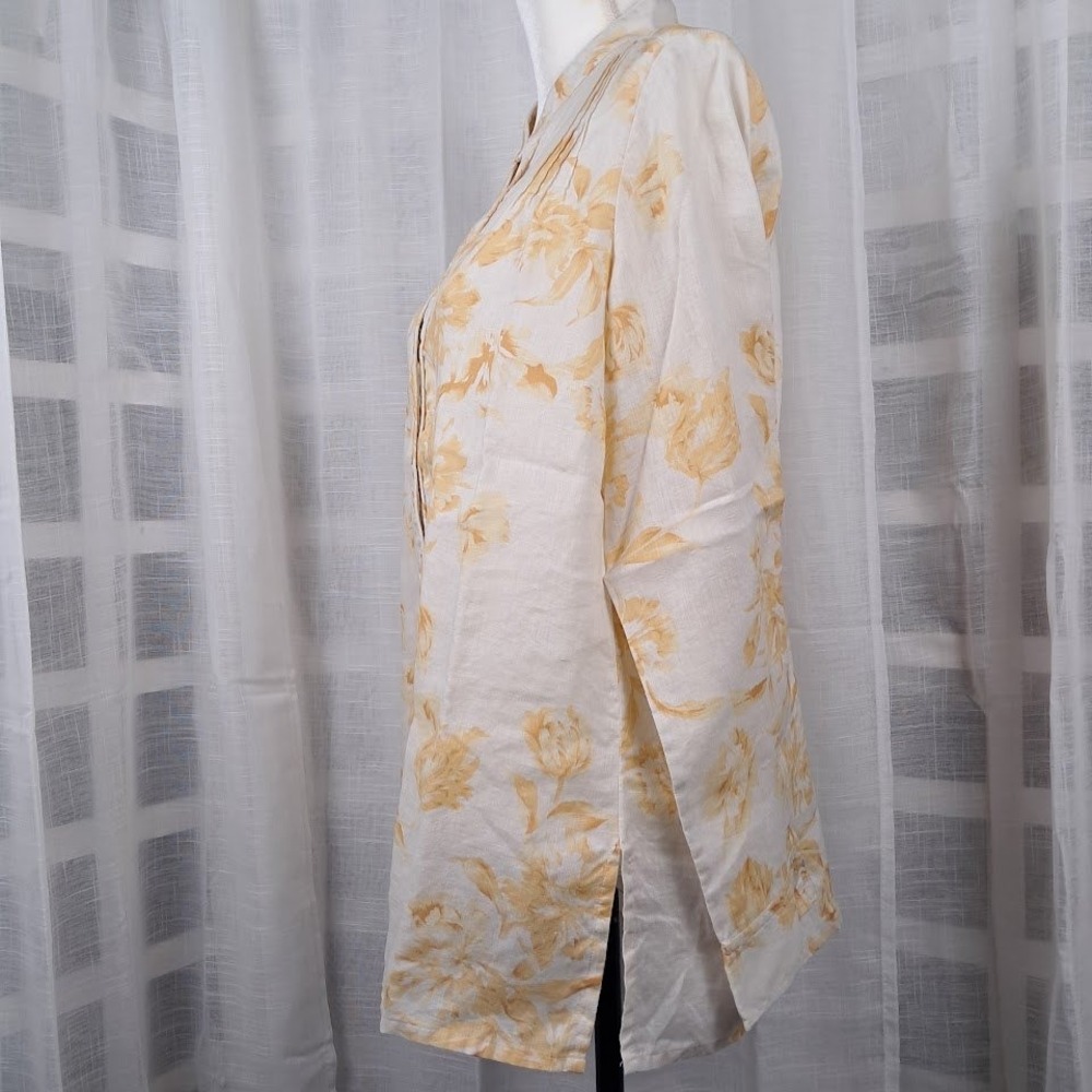 Vintage Rafaella 14 100% Linen Blouse Cream Yellow Floral Button Front Pintuck - Picture 5 of 8